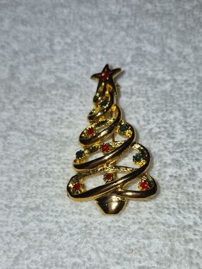 Christmas Tree Brooch Pin Swirl Gold Toned MODERNIST Enamel